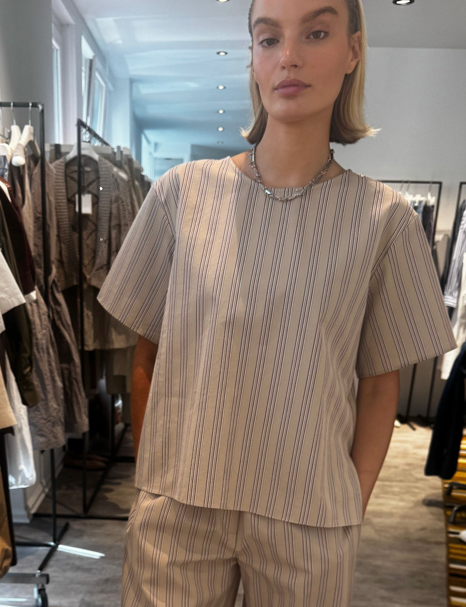 Antonelli Firenze Bardot stripe top in beige