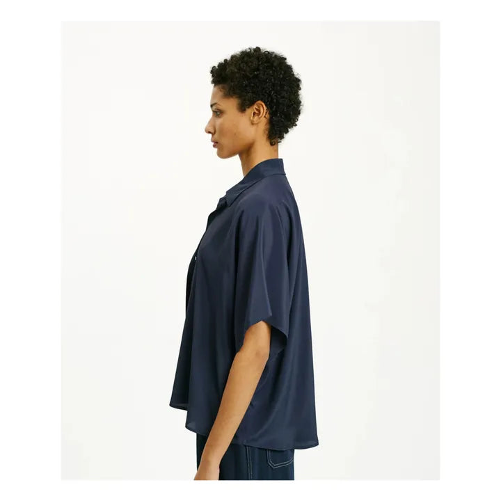 Momoni Brooklyn Blouse Navy Oversized Zijde Mix