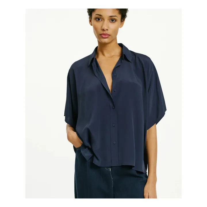 Momoni Brooklyn Blouse Navy Oversized Zijde Mix